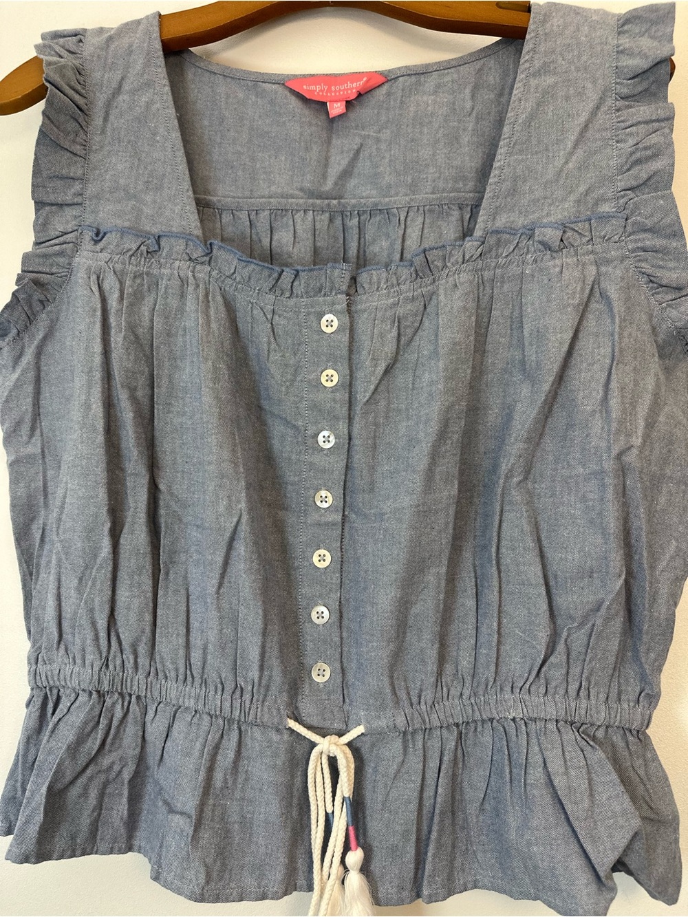 Simply Southern Light Chambray Button-Front Ruffle Tank